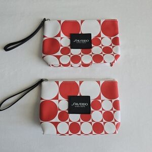 Shiseido Red and White Abstract Patterned Makeup Cosmetic Bag Pouch Set